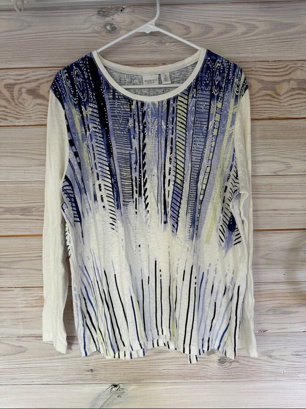 NWOT Chico’s Guiding Lights Long-Sleeve Top with Blue Abstract rhinestone Print